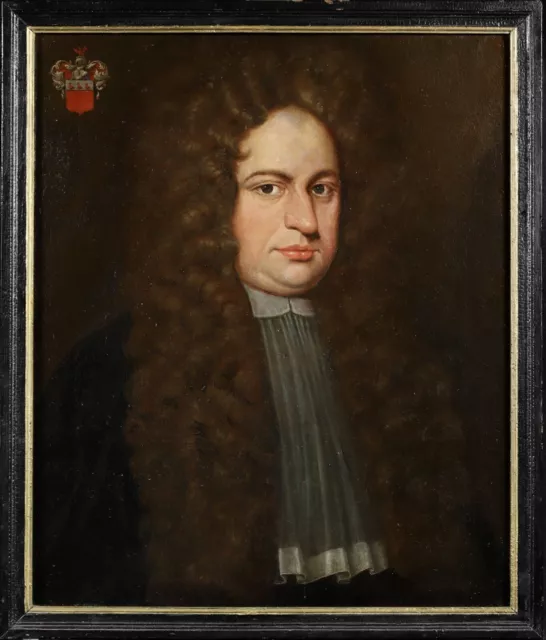17th CENTURY LARGE FRENCH OLD MASTER OIL - PORTRAIT OF GENTLEMAN WITH ARMORIAL