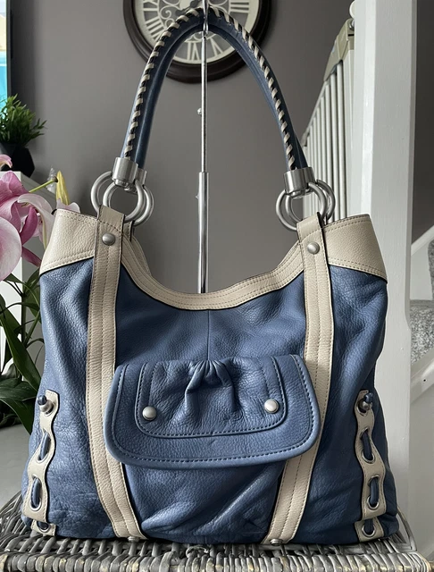 Schöne B Makowsky Tragetasche Schultertasche Echtleder blau & elfenbeinfarben