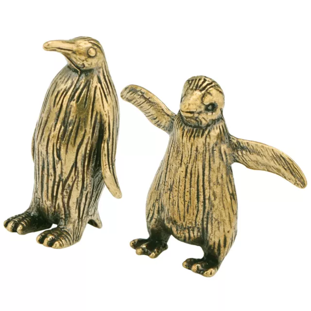 2 Pcs mini animal figurine Brass Penguin Ornament Sculpture Small Figure Model