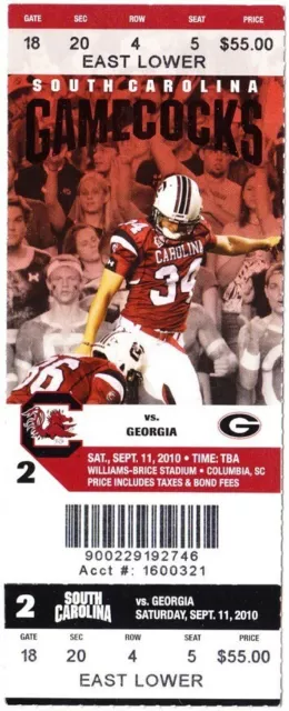 2010 SOUTH CAROLINA GAMECOCKS - GEORGIA BULLDOGS Football Ticket SPENCER LANNING