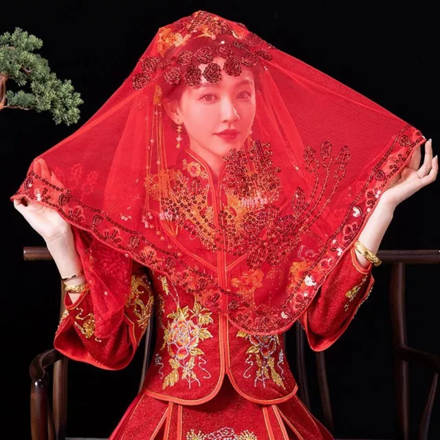 Red Veil Tassel Chinese Wedding Headwear Bride Veil Bridal Headwear Lace Veils