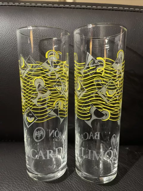 Bacardi Limon Rum Glass 7" Tall Set Of 2 Lemon Design Martini Tom Collins Euc