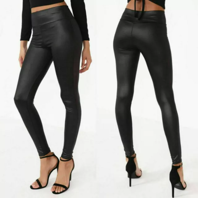 LEGGINGS FEMME TAILLE haute noir en faux cuir aspect humide brillant et  extensible pantalon serré EUR 21,16 - PicClick FR