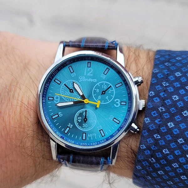 OLEVS Orologio Da Uomo Al Quarzo, Quadrante Blu Con Indici Romani, Cinturino In Pelle Marrone, Datario E Lancette Luminose, Impermeabile 3ATM - 3