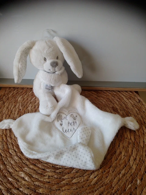 Doudou lapin blanc gris mouchoir Mon Petit Cœur Pommette + cadeau