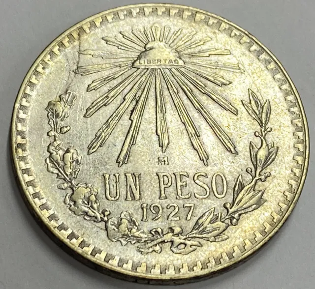 1927 UN PESO - Mexico Silver .720 Higher Grade Original Coin Unc Details