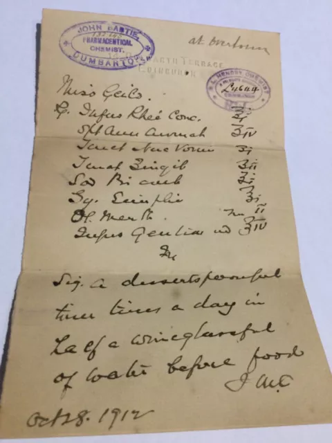 Antique prescription envelope RL Hendry, chemist Edinburgh, 28.10.1912