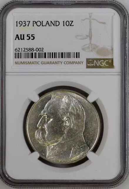 Poland 10 Zlotych 1937 MW  NGC AU55 Silver Marshal J. Pilsudski