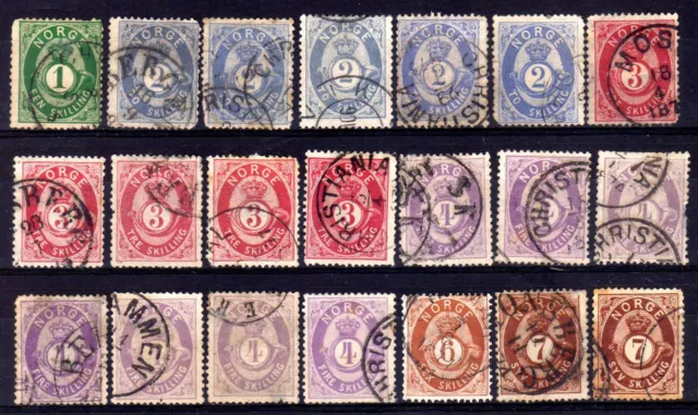 Norway 1871-5 Posthorn Selezione Usato, Difetti, 21 Francobolli