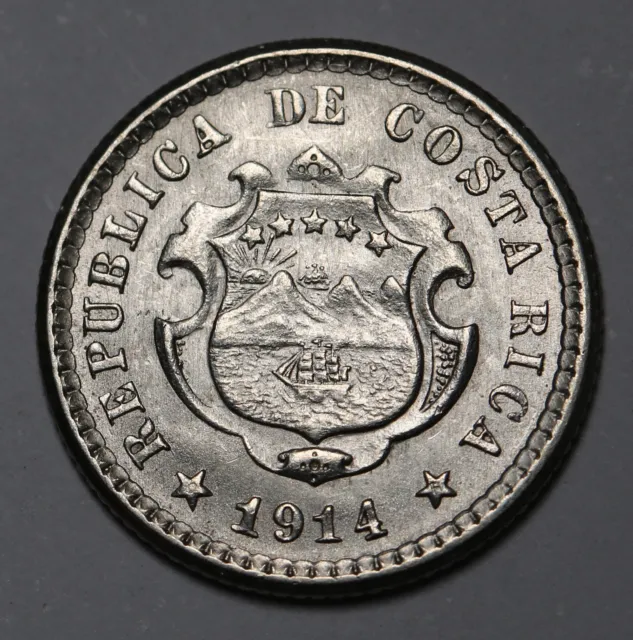 1914 Costa Rica 5 Centimos KM# 145 America Central Silver Coin Unc ++Lustre