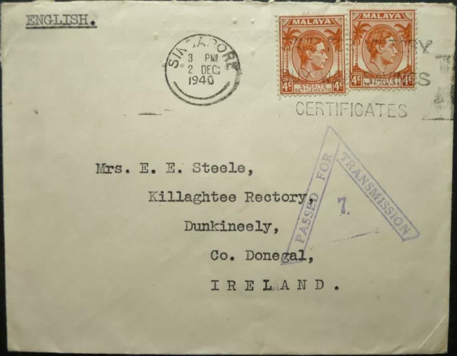 Malaya 2 Dec 1940 Kgvi Wwii Censored Cover From Singapore To Donegal, Ireland