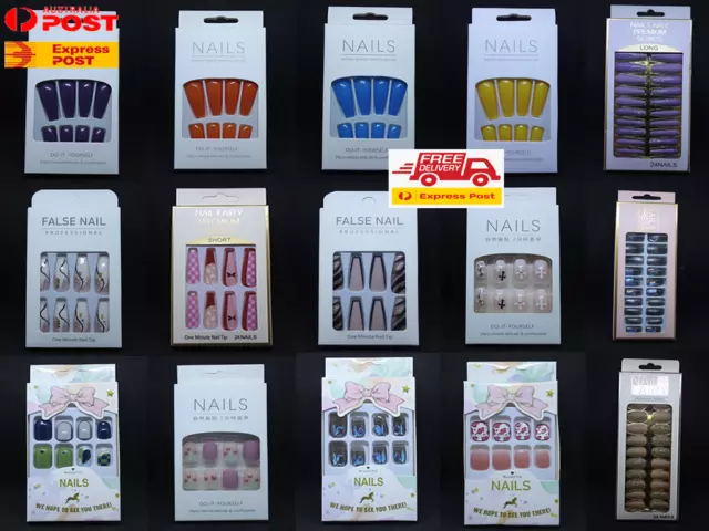 24Pcs Press On Nails Glue Gel On False Reusable Fake French Nail Tips