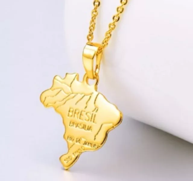 Gold Plated Brazil Map Necklace Pendant & Chain Bresil Brasil Rio De Janeiro