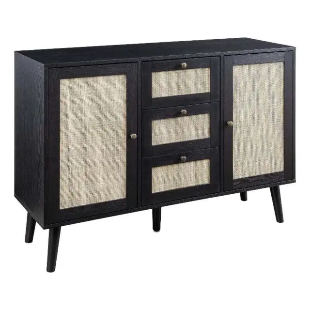 47" Solid Wood and Rattan 3-Drawer Sideboard - Black