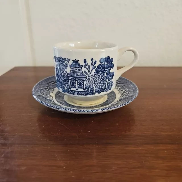 Vintage Churchill Blue Willow Tea Cup Saucer Set Staffordshire England