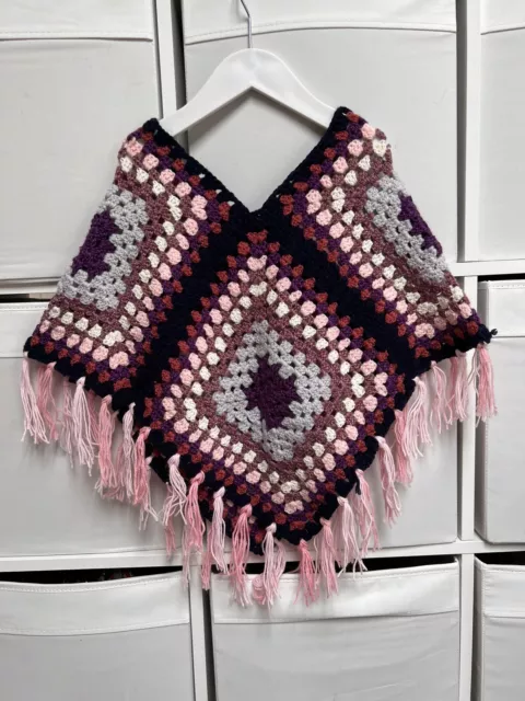 Kids Girls Handmade Crochet Purple And Pink Knit Poncho Free Size