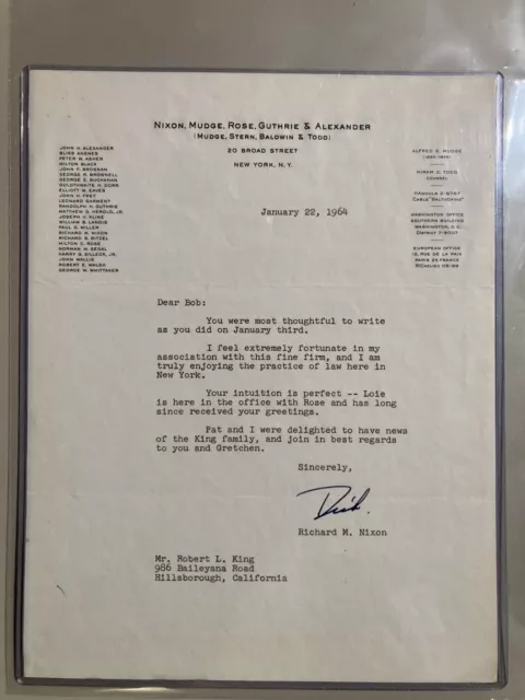 RICHARD M. NIXON - TYPED LETTER SIGNED 01/22/1964 W/ COA- Collectors Universe 08