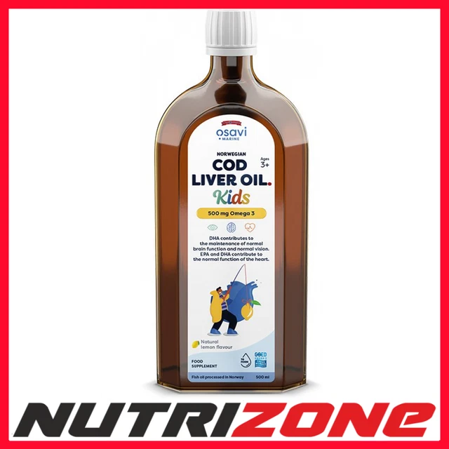 OSAVI NORWEGIAN COD Liver Oil Kids 500mg Omega 3 EPA DHA, (Lemon) 500