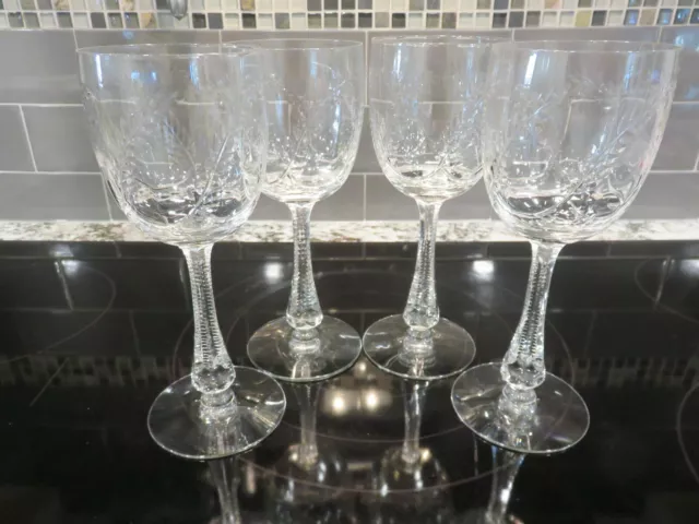 4 ViTG Clear Crystal Glass Wine 8 1/4" Goblets Wheat Vine Sawtooth Stem Unk Make