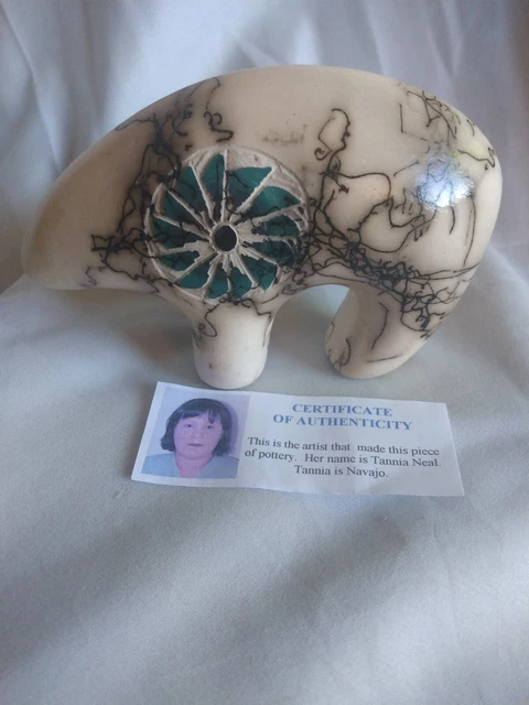 Tannia Neal Horse Hair Pottery Spirit Bear Navajo Handed Etched & Painted