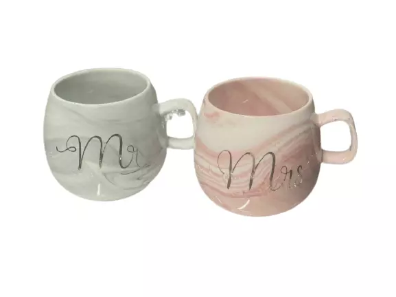 2pc Mr & Mrs Mug Set Marriage Anniversary Birthday Gift Marble Print 400ml