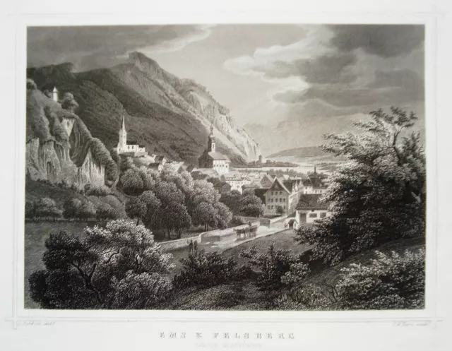Ems & Felsberg Canton Graubünden Schweiz  echter alter Stahlstich 1850