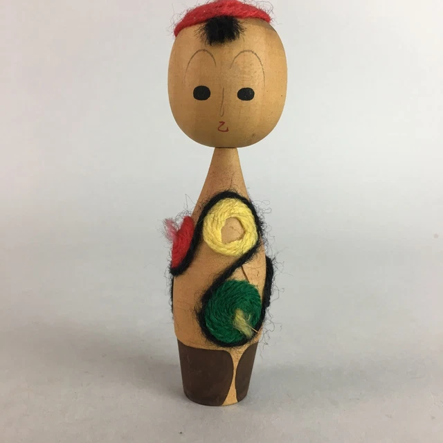 Japanese Kokeshi Doll Vtg Wood Carving Figurine Child Woolen Yarn KF149