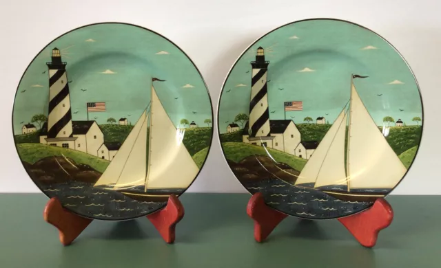 2 Coastal Breeze Warren Kimble 8" Salad Dessert Plates Lighthouse 1998 Sakura