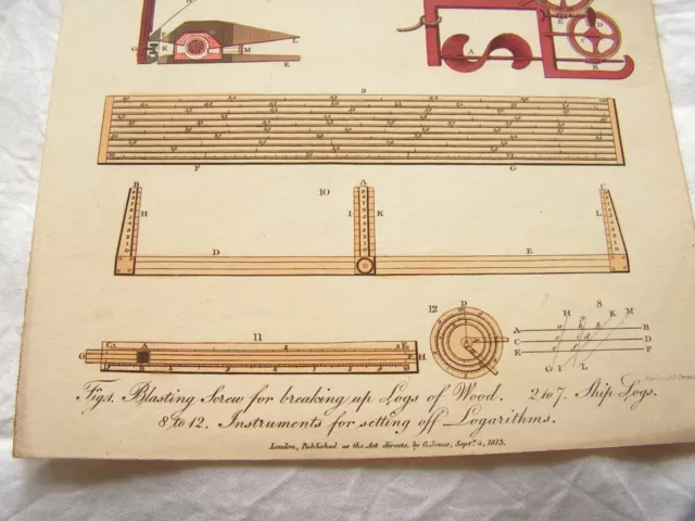 Antiker Aquatinta Gravurdruck von Instrumenten Log & Logarithmen Stead S C 3