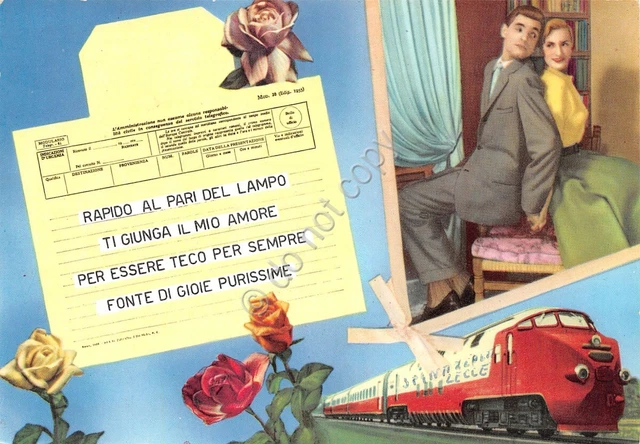 Cartolina Innamorati telegramma con coppia treno fiori amore 1964