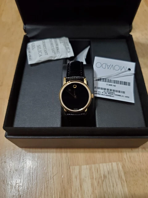 Movado Museum 28mm Case Stainless Steel Gold, Leather Band Black Wristwatch for
