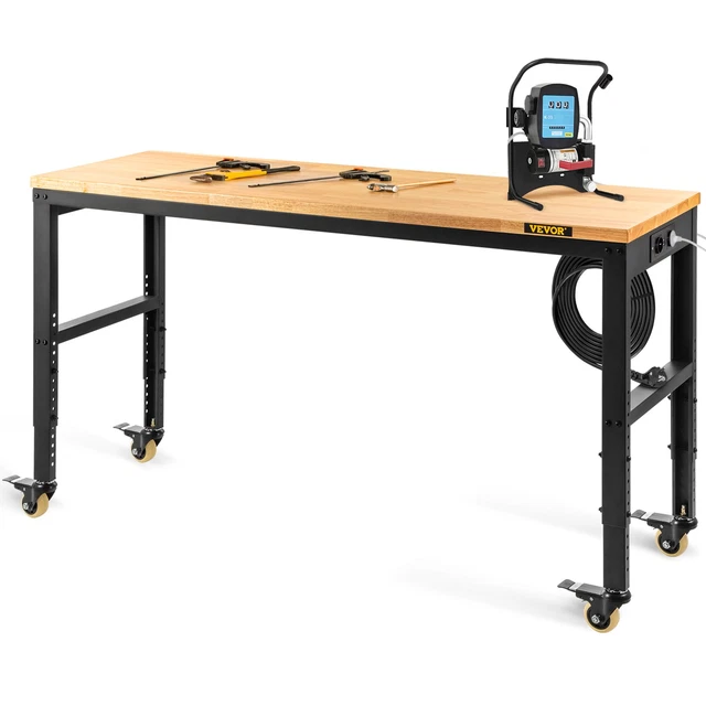 VEVOR Höhenverstellbare Werkbank 122x61x72-97 Cm – 900 Kg Tragkraft, Klappbar, Aus Eichenholz & Stahl, Mit Steckdosenleiste