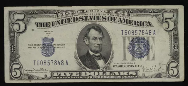 1934 Five Dollar Silver Certificate $5 Bill Blue Seal Note Hand Picked Vg/Fine