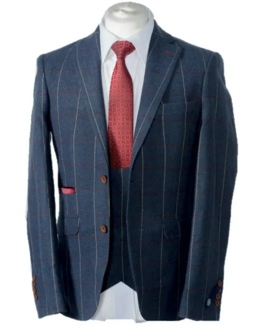 UOMO 3 Pezzi Blu Quadri Tweed Suit Giacca, Gilet, Pantaloni Sold Separatamente