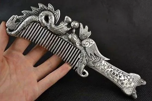 Collectibles Old Decorated Handwork Miao Silver Carving Dragon Phoenix Comb