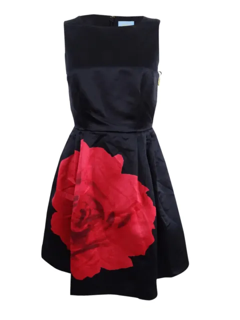 CeCe Women's Claiborne Floral-Print Satin Fit & Flare Dress (0, Rich Black)