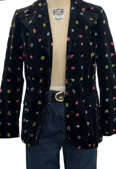 Vtg Mr Dino Floral Blazer Coat Point Collar Velvet Flowers Mod Rare Sz 10