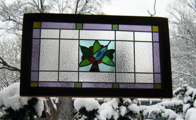 large leaded framed stained glass panel transom*antique wooden window decor art 10