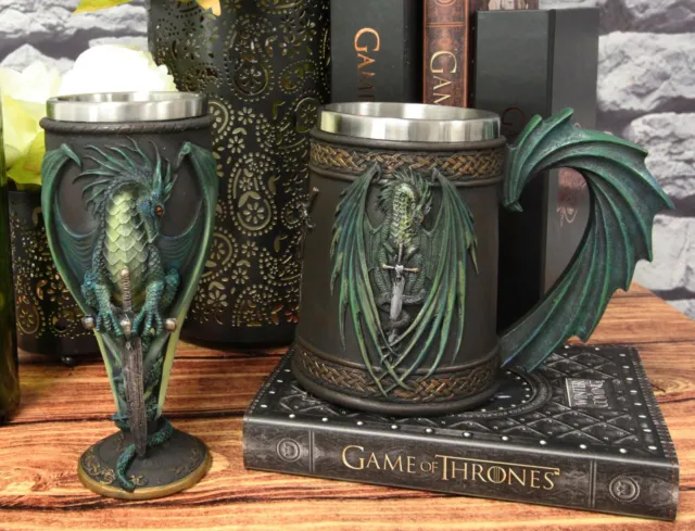 Dragons Lair Winged Dragon With Skull Blade Sword Drink Mug And Wine Goblet Set