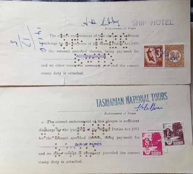 1956 - 1966 Four Tasmania Government Bank Cheques With Revenue Stamps Variety