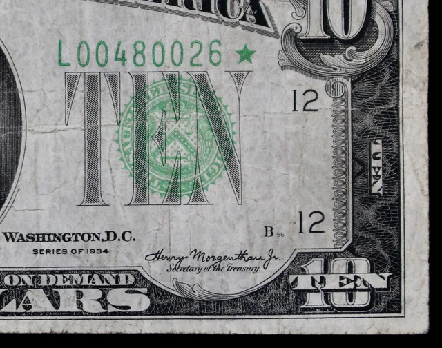 $10 1934 Mule Star FRN L00480026* plain series San Francisco, ten dollar, bp 589