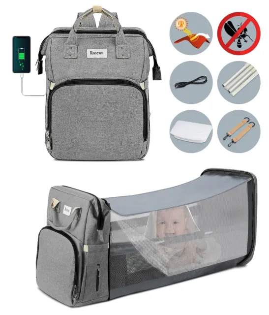 Diaper Bag Backpack Bassinet Changing Pad Bottle Warmer USB Port Waterproof NEW 3
