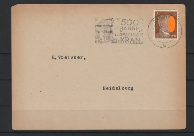 DR Maschinenstempel Danzig 500 Jahre Danziger Kran, auf Karte 1944 #1090915