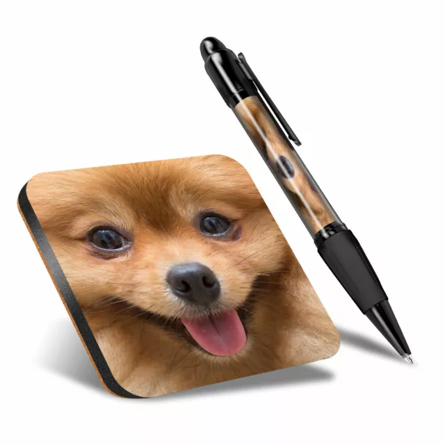1 x Square Coaster & 1 Pen - Cute Pomeranian Dog Puppy Face #14256