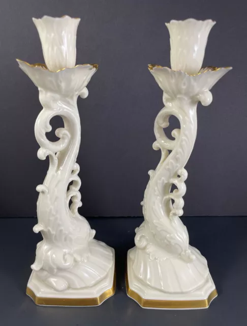 Lenox Aquarius Candlestick Ivory 24k Gold Candle Holder Set of 2 Dolphin Koi
