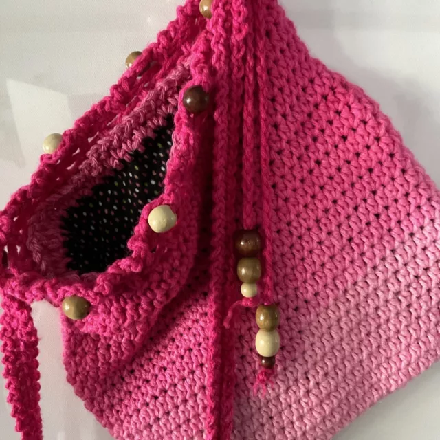 HOOKYLOOPS Hand Crochet Purse Tote XBODY Berry Pink Black Rev Liner Beads Lg USA