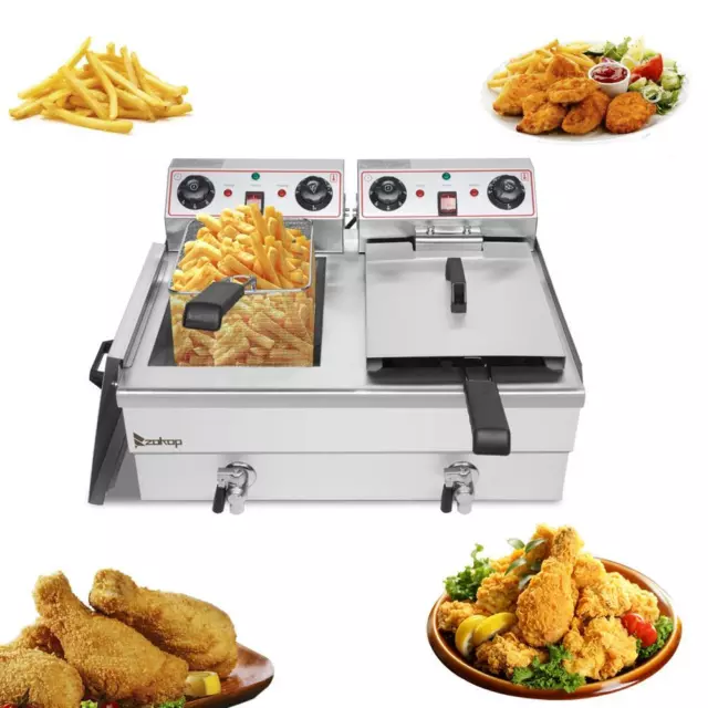 24L Commercial Electric Deep Fryer Fat Chip Twin Dual Tank Stainless Steel 6000W