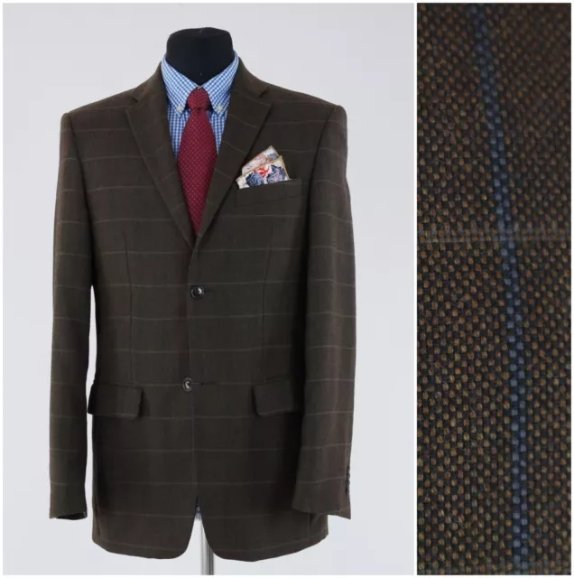 Mens Windowpane Sport Coat 42R US Size Plaid Brown Wool Blazer Vintage Jacket