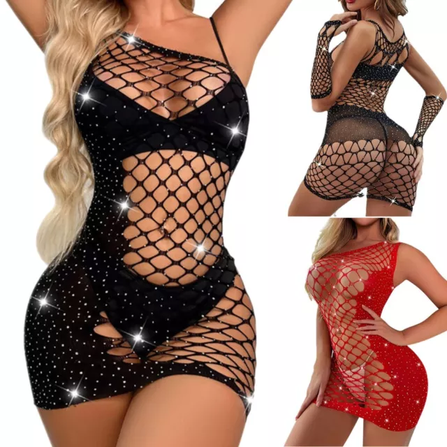 Women's Glitter Rhinestone Fishnet Dress Stripper Lingerie Mini Dress Jumpsuits