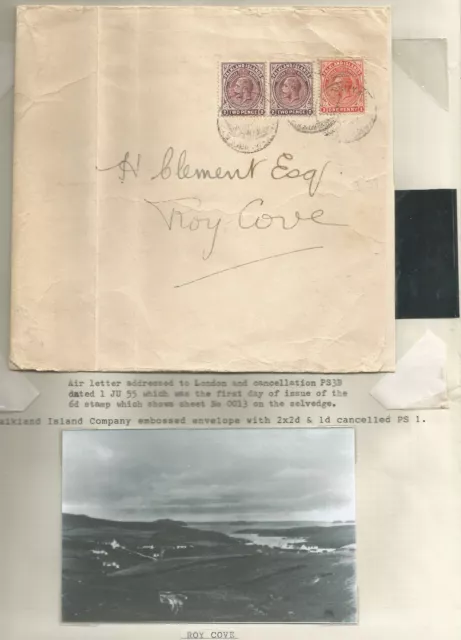 FALKLAND IS 1921-8 1d,2d PAIR PART LARGE ENV. TO ROY COVE 2 FINE RED CO SEALS